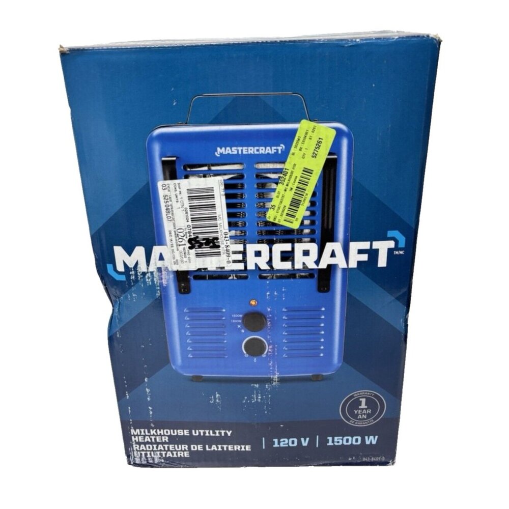 Mastercraft Deluxe Milkhouse Utility Space Heater w Thermostat, 1500W, Blue Open